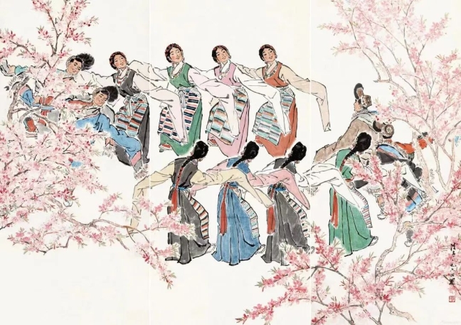 葉淺予高原之春紙本設(shè)色211cm×98cm、211cm×105cm、211cm×98cm1964年